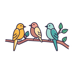 Colorful birds perched on a branch illustration, Vector illustration of three vibrant birds sitting on a branch with leaves, representing nature, wildlife, and colorful outdoor scenery.
