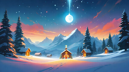 Winter snow landscape and houses with christmas tree. concept for greeting or postal card. Winter snow landscape and houses with snowflakes falling from sky illustration.