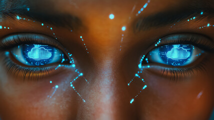 A close up of a person's eyes with a blue light shining on them. The eyes are glowing and appear to be computer generated. Concept of technology and artificiality