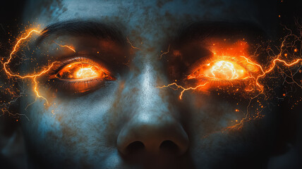 A person's face is lit up with bright orange eyes. The image has a futuristic and otherworldly feel to it, with the bright orange eyes and the glowing sparks. Scene is one of excitement and wonder