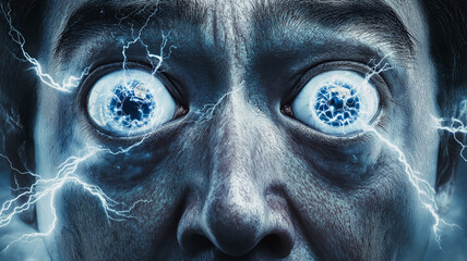 A man's face with blue eyes and a blue eye patch. The eyes are glowing with blue light