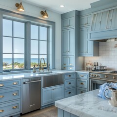 Blue Kitchen with White Marble Countertops and Ocean View Photo