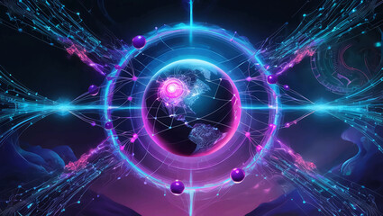 A vibrant, futuristic illustration showcasing a global network of interconnected nodes and lines, pulsing with neon blue and purple hues, set against a dark, starry night sky, with subtle, swirling pa
