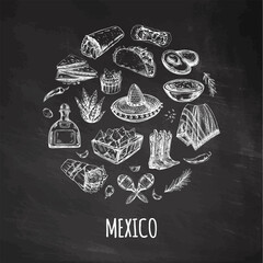 Elements in circle on chalkboard background.  Realistic mexican dishes and products. Vintage sketch drawings of Latin American cuisine