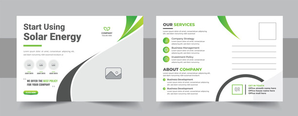 Creative solar panel postcard design, green energy or eco energy modern eddm postcard template layout