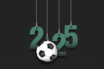 Numbers 2025 and soccer ball as a Christmas decorations are hanging on strings. New Year 2025 are hang on cords. Template design for greeting card. Vector illustration on isolated background