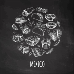 Elements in circle on chalkboard background.  Realistic mexican dishes and products. Vintage sketch drawings of Latin American cuisine