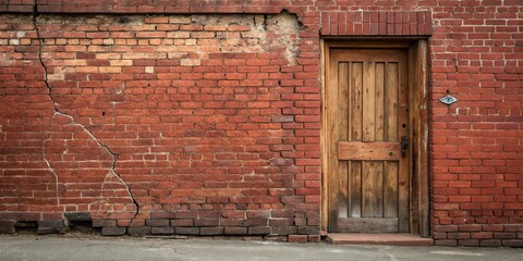 Stained red brick wall behind a wooden door, aged doorway, classic architecture, stone and wood combination, rustic entrance