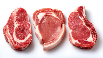Fototapeta premium Three raw pork chops are displayed on a white background, showcasing their fresh marbling and texture. Perfect for culinary uses and emphasizing quality meat selection