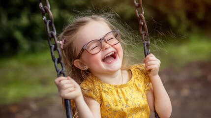 Cute girl with dwarfism laughing on playground swing in yellow dress