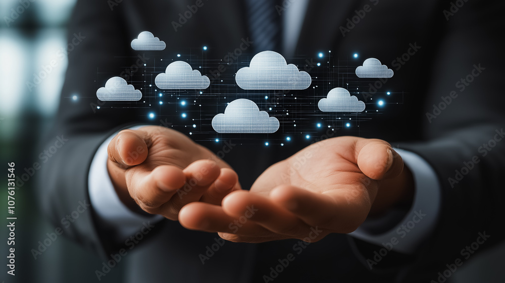 Poster a man is holding his hands up to show a cloud of clouds. the clouds are made of computer code and ar