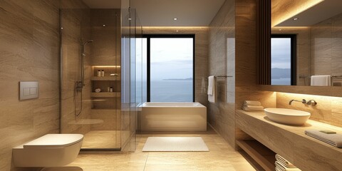 A sleek, modern bathroom featuring elegant stone finishes, a large window with a view, and stylish fixtures for a luxurious feel.
