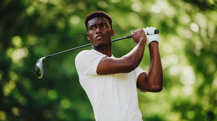 Golf pro s expression during powerful downswing, fierce focus, golf intense swing, energy and dedication