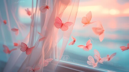 seaside window and pink butterfly poster background