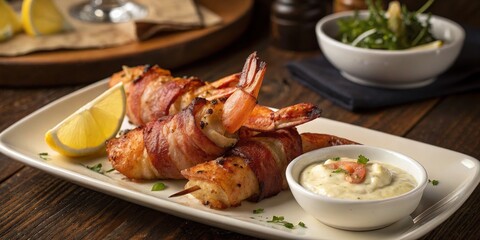 Vintage Style Grilled Shrimp Wrapped in Bacon with Creamy Dip and Fresh Lemon Evoking Warmth and Indulgence for Gourmet Meal