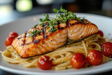 Grilled salmon on al dente pasta with herbs and cherry tomatoes