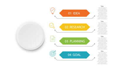 Business infographics template. 4-step design option. Workflow chart data on a white background. For presentation, process diagrams, business strategy elements vector illustration.