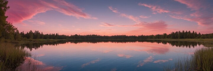 Obraz premium Pink and blue Sky And Mirror Like Lake On Sunset Background