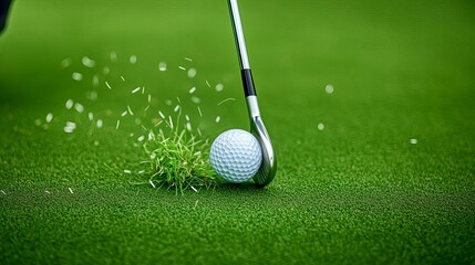 High-speed capture of club hitting the ball, grass scattering, golf impact, energy and precision