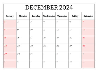 December 2024 ENGLISH month calendar. Vector printable illustration. Monthly planning for business events