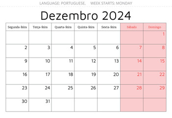 December 2024 portuguese calendar - Dezembro. Vector illustration. Monthly planning for business in Portugal