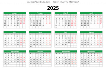 2025 year english vector annual calendar 12 months. Week starts monday