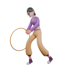 Dance Star 3D Cartoon Character. A female dancer stands holding a hulahup with both hands with a happy expression. Performer Model