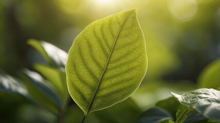 Close up of nature view green leaf on blurred greenery background under sunlight with bokeh