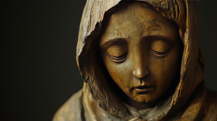 A close-up of a solemn sculpture depicting a hooded figure with a contemplative expression.