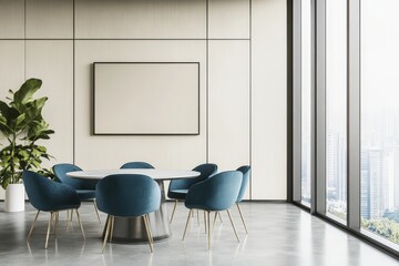 A modern office meeting room with a round table and chairs, a large window with a city view and a blank canvas.
