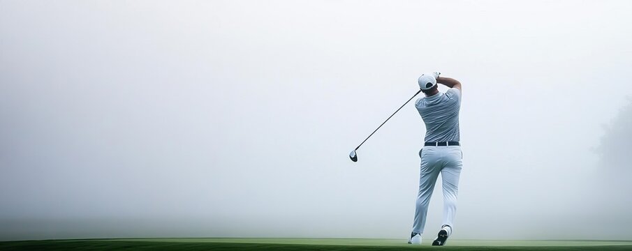 Professional golfer s full backswing on a misty morning, ethereal atmosphere, golf mist swing, calm and focus