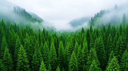 Obraz premium Misty Forest Canopy, Tall Evergreens, Lush Greenery