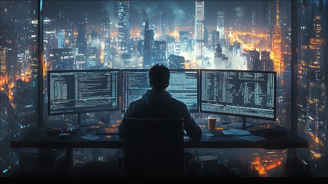 A developer immersed in coding, dual screens showing data visualizations and Python scripts, desk covered with notes, a cup of coffee steaming nearby, modern tech office with a panoramic city view,