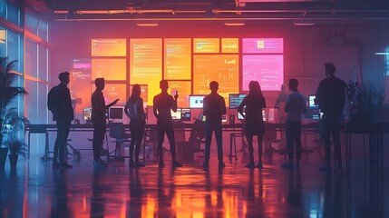 A diverse team of programmers standing in a circle, discussing their tasks for the day, large digital Kanban board in the background, modern open-plan office, casual and collaborative atmosphere,