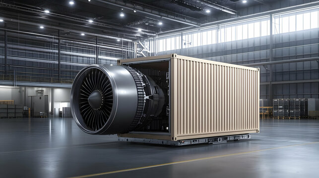 3D Rendering of a Jet Engine Inside a Cargo Container