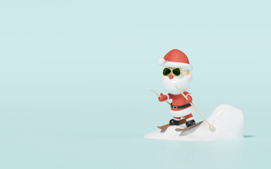 Santa Claus sunglasses skiing with snow hill isolated on blue background. merry christmas and festive new year holiday travel concept, 3d illustration render