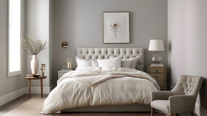 A sophisticated gray bedroom with a tufted headboard and metallic accents.