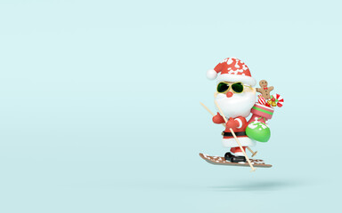 Santa Claus sunglasses skiing with Socks, Gingerbread man, Candy cane isolated on blue background. merry christmas and festive new year holiday travel concept, 3d illustration render