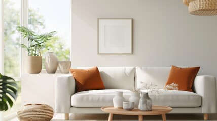 A warm orange living room with a terracotta accent wall and woven textiles.
