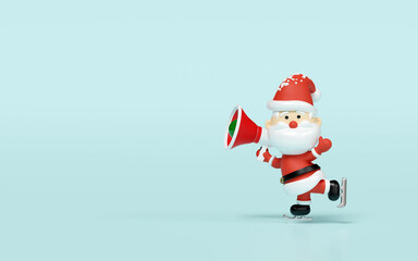 Santa Claus playing ice skating holding megaphone with copy space isolated on blue background. merry christmas, festive new year concept, 3d render illustration