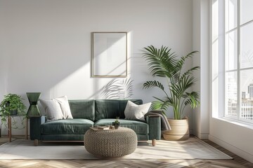 Dark blue velvet sofa and recliner in a bright Scandinavian living room with cityscape view.