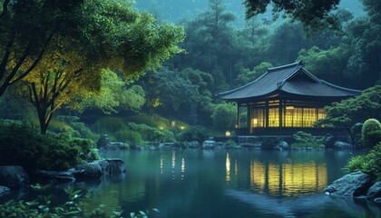 A traditional Japanese pavilion with a pond and lush greenery, bathed in soft, golden light.