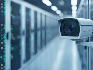 Surveillance camera in modern data center with blurred servers in background.