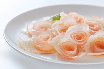 Delicate thin slices of gourmet fish arranged elegantly with a touch of garnish on a white plate