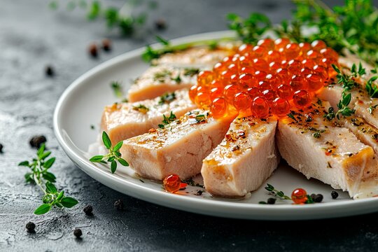 Delicious stroganina garnished with vibrant fish roe and herbs, beautifully arranged on a plate ready for serving
