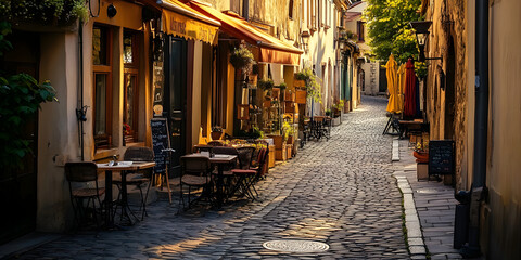 Obraz premium Cobblestone Charm: Sun-drenched European Street Scene 