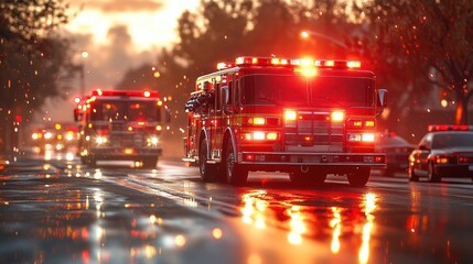 Fire trucks responding during a rain-soaked sunset.