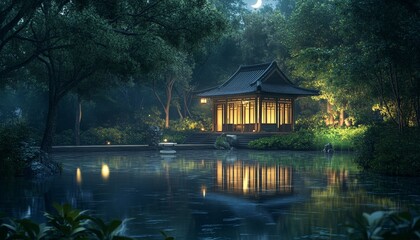 Fototapeta premium A tranquil Japanese-style pavilion with illuminated windows, nestled within a lush forest and reflecting in a still pond.