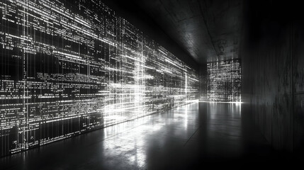 3D Illustration of a Dark Corridor with Glowing Lines on the Walls