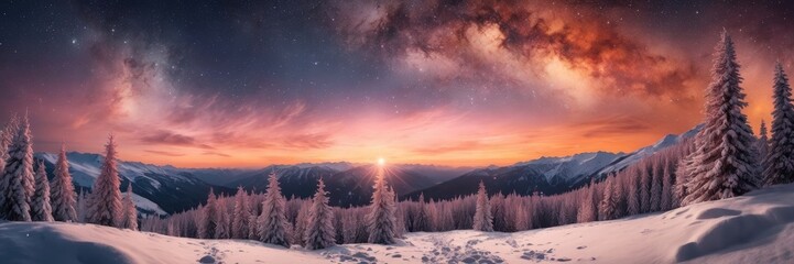 Obraz premium Stunning nature starry sky with snowy trees and winter mountain nebula clouds sky